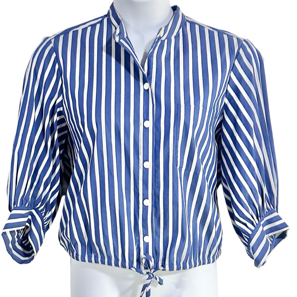 Karen Kane Women's Blue & White Stripe Tie Waist Top - M - Picture 2 of 7